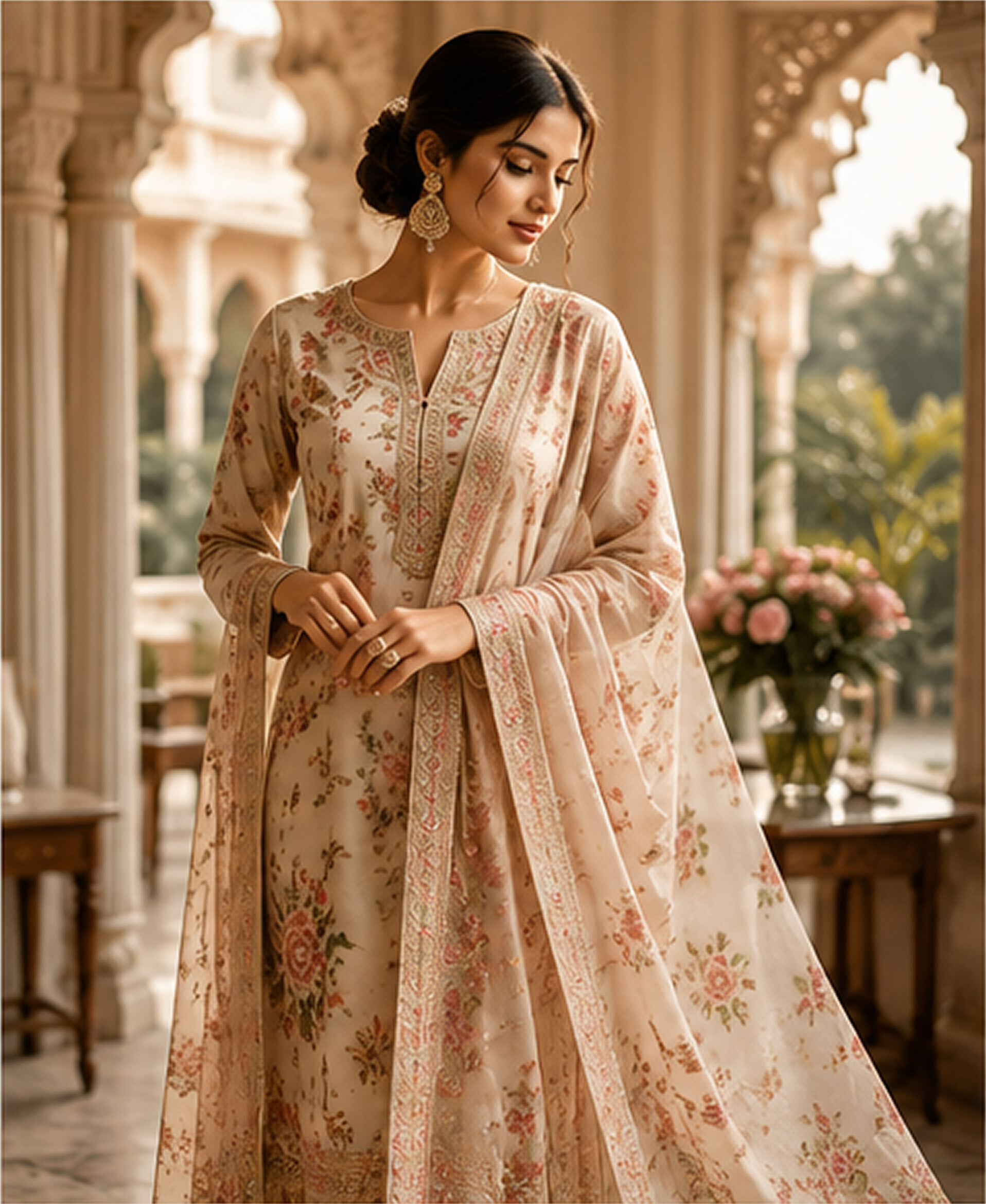 Model wearing a Poshak Mandi suit